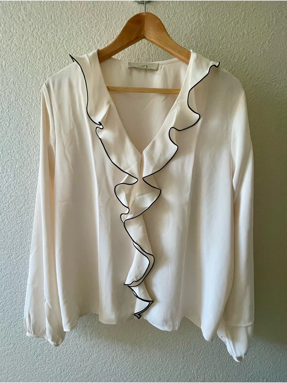LOFT Cream Ruffle V-Neck Blouse with Black Trim